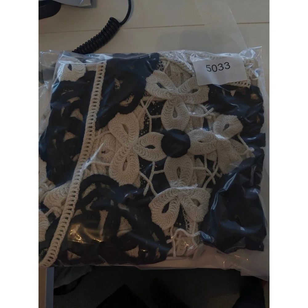 House of Harlow Crochet Vest Women One Size Black Cream Floral Sheer Hippie Boho